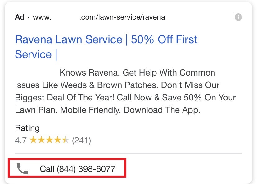 A screenshot of an ad with the call extension highlighted