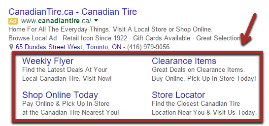 A screenshot of a Google Ad with the sitelinks highlighted