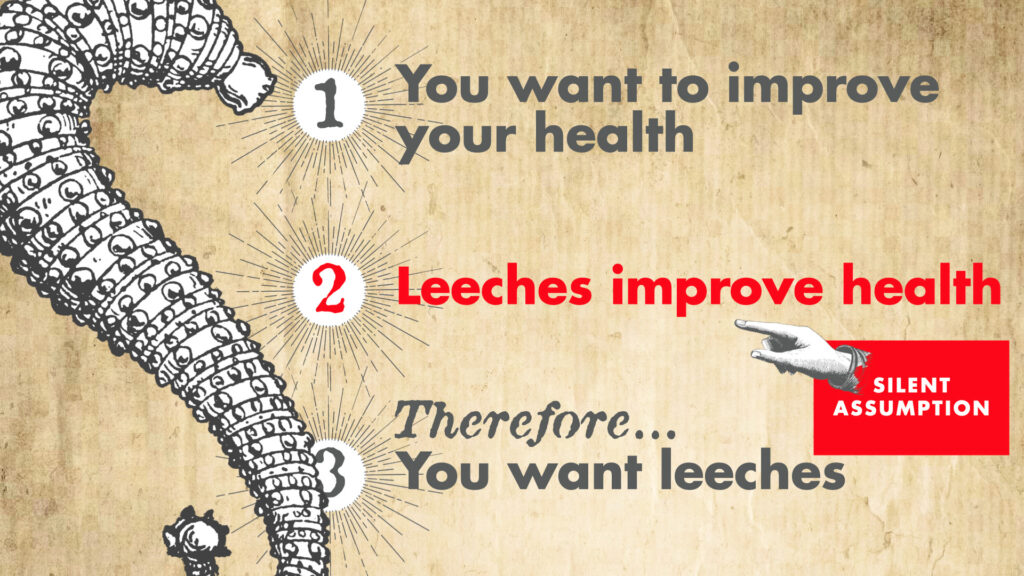 Image showing 1 - You want to improve your health, 2 - Leeches improve health, and 3 - Therefore, you want leeches