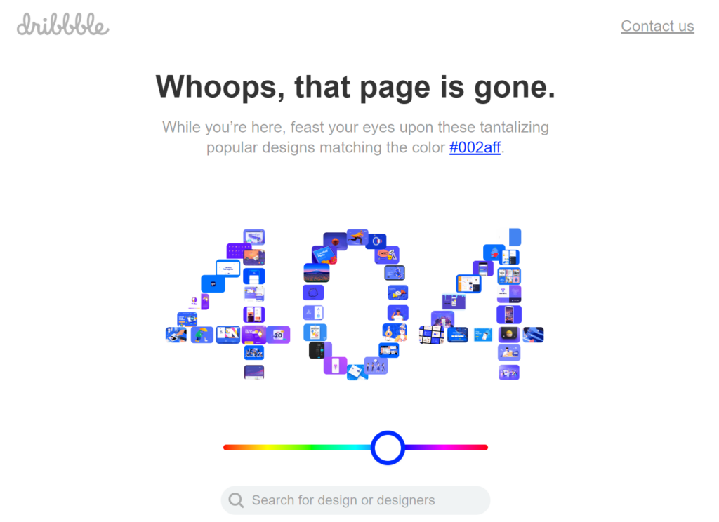 A screenshot of a custom 404 page from dribbble.com