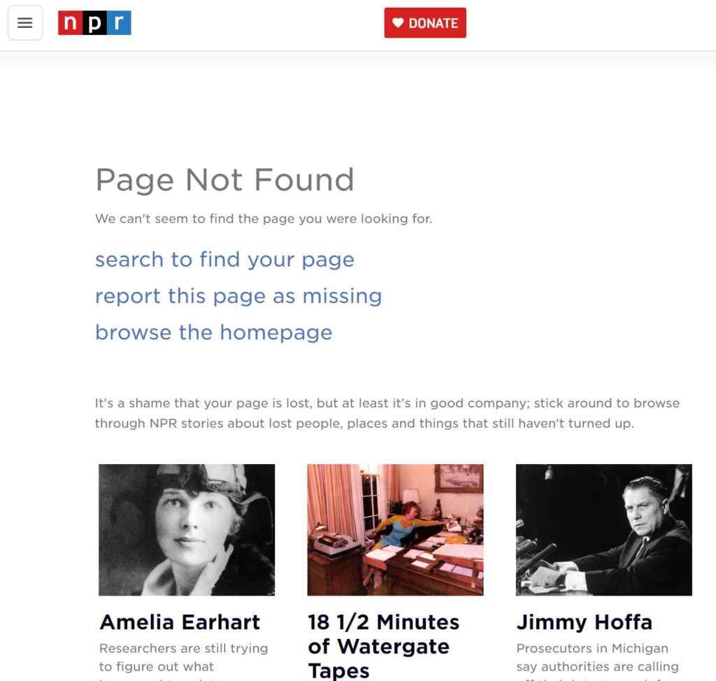 A screenshot of a custom 404 page from npr.org