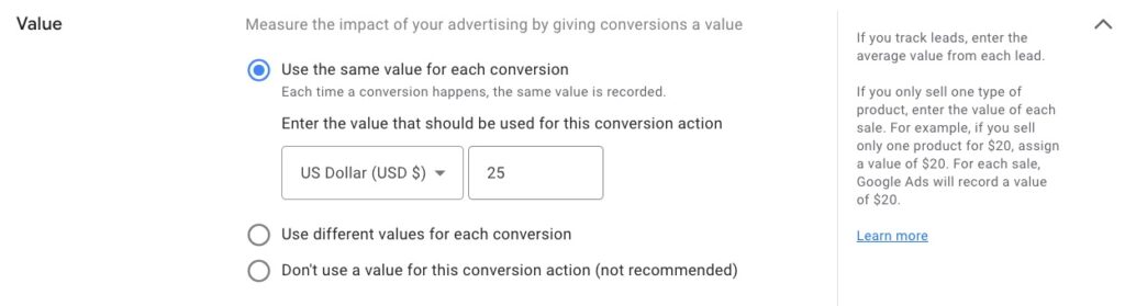 A screenshot of Google Ads indicating how to assign a value for conversions.