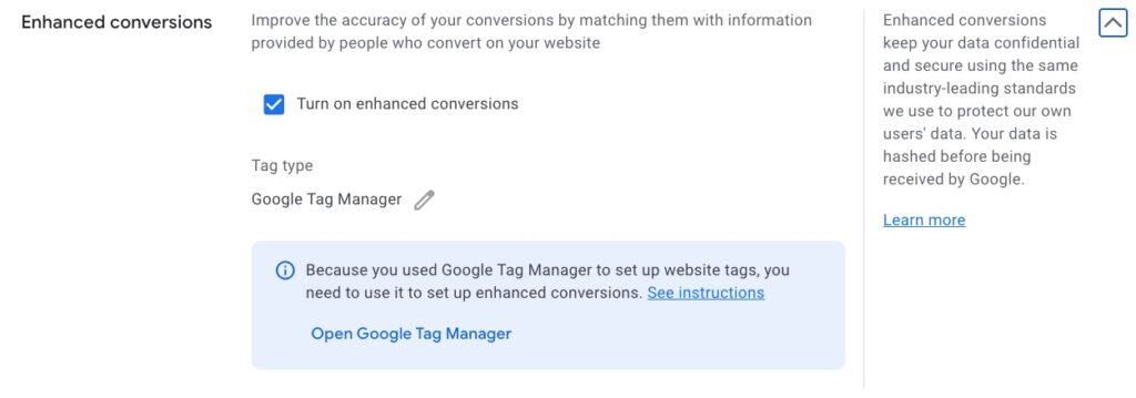 A screenshot of Google Ads showing where to turn on enhanced conversions.