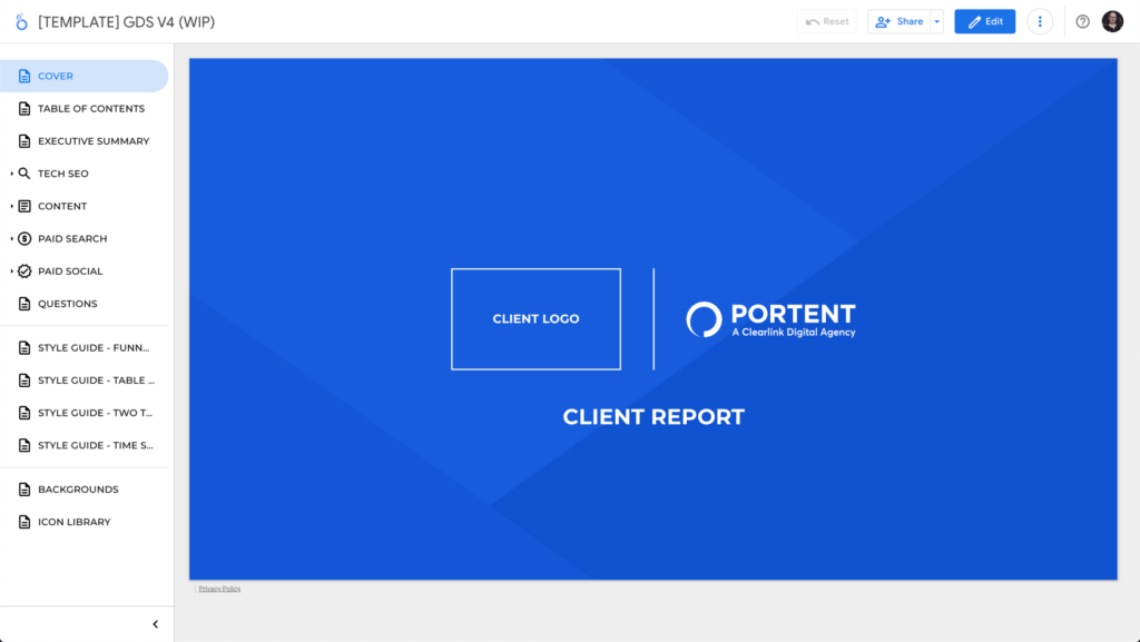 An image of the title slide of Portent's new client report template