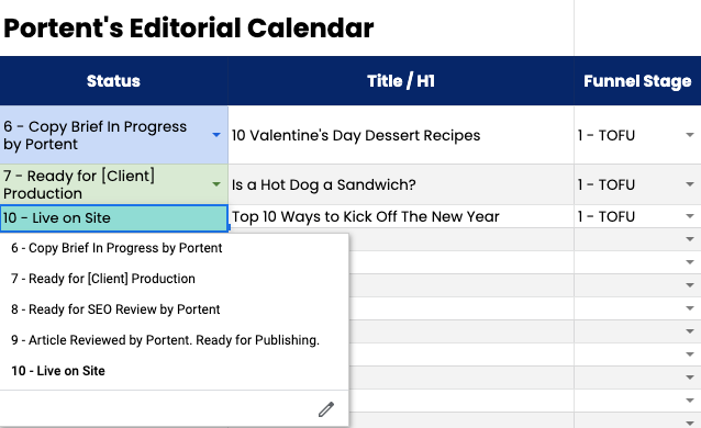 A screenshot of Portent's editorial calendar template.