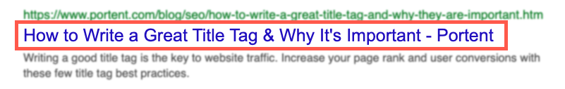 An image of Google search results indicating which element of the result is the title tag