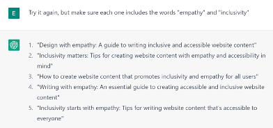 Adjusting the prompt so ChatGPT generates metas descriptions using "empathy" and "inclusivity"