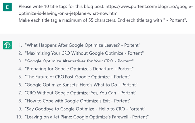 ChatGPT generating potential title tags for an article