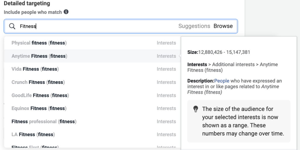 Screenshot of adding the PPC keyword “Fitness” to Facebook’s detailed targeting center