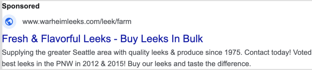 Example of an effective RSA ad. The headline is "Fresh & Flavorful Leeks - Buy Leeks In Bulk."