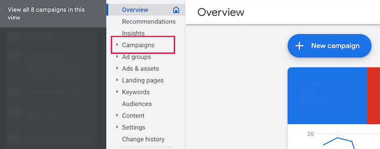 Google ads page showing the dropdown menu to select "campaigns." 