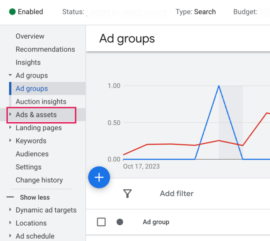 Google ads page showing the dropdown menu to select "ads & assets." 