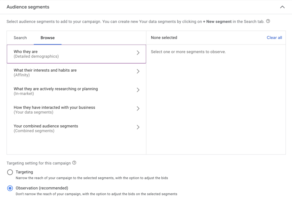 Google Ads Campaign Settings: Audience segments