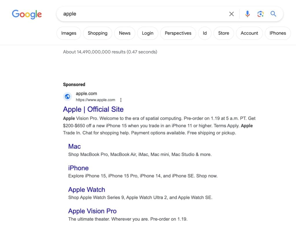 Screenshot of the search results page showing Apple's sponsored ad for their brand term "apple" 