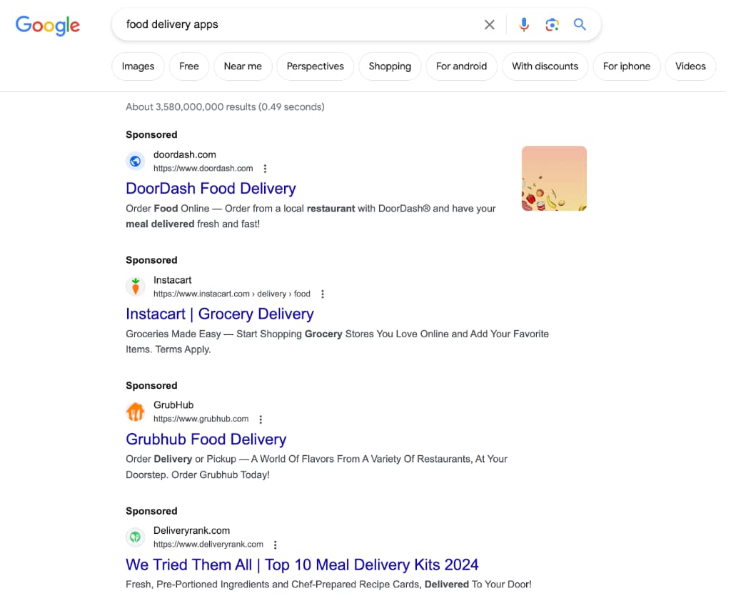Screenshot of the search results page for the term "food delivery apps" 