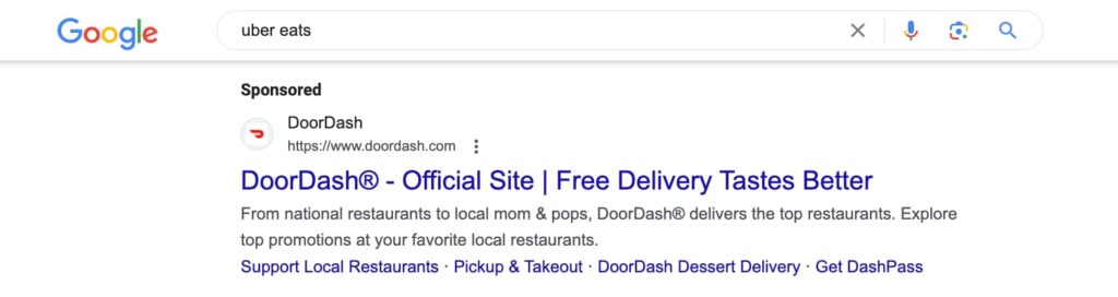Screenshot of the search results page showing DoorDash's sponsored ad for their brand term "uber eats" 
