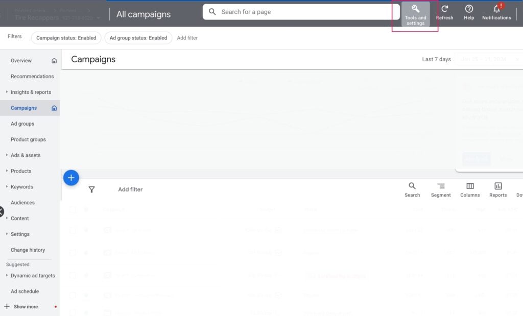 Screenshot of Step 1: Navigate to the Tools and Settings Menu in Google Ads