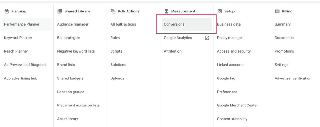 Screenshot of Step 2: Select "Conversions" in Google Ads "Tools and settings"