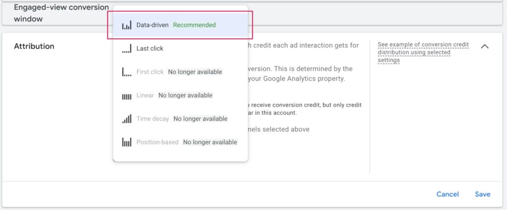 Screenshot of Step 5: Select the “Data-Driven” option in the Google Ads Attribution menu.