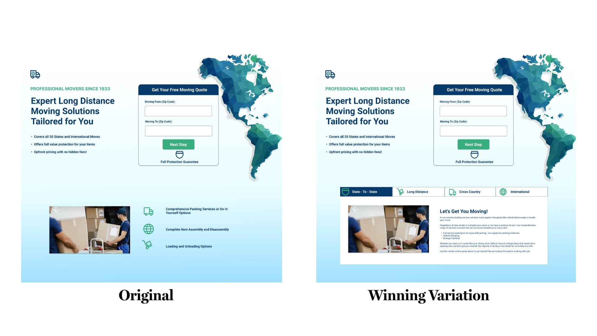 Before and after comparison of landing page form