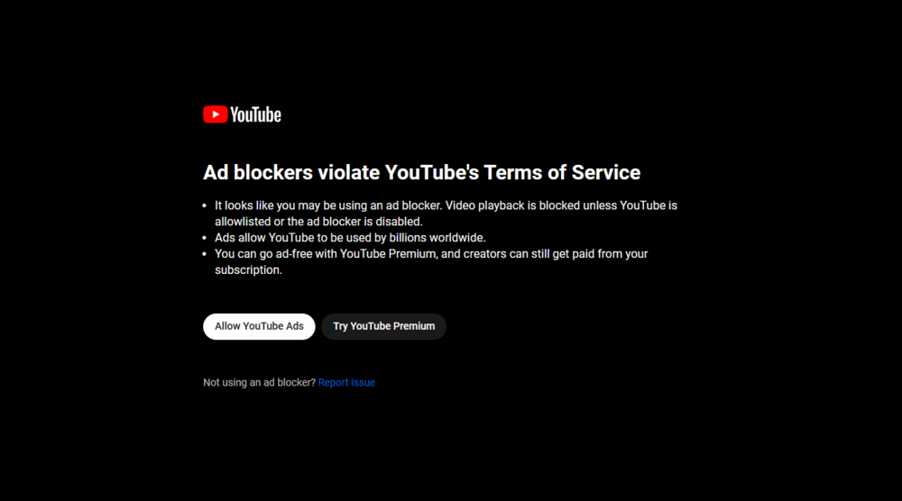 Screenshot of a warning message on Youtube
